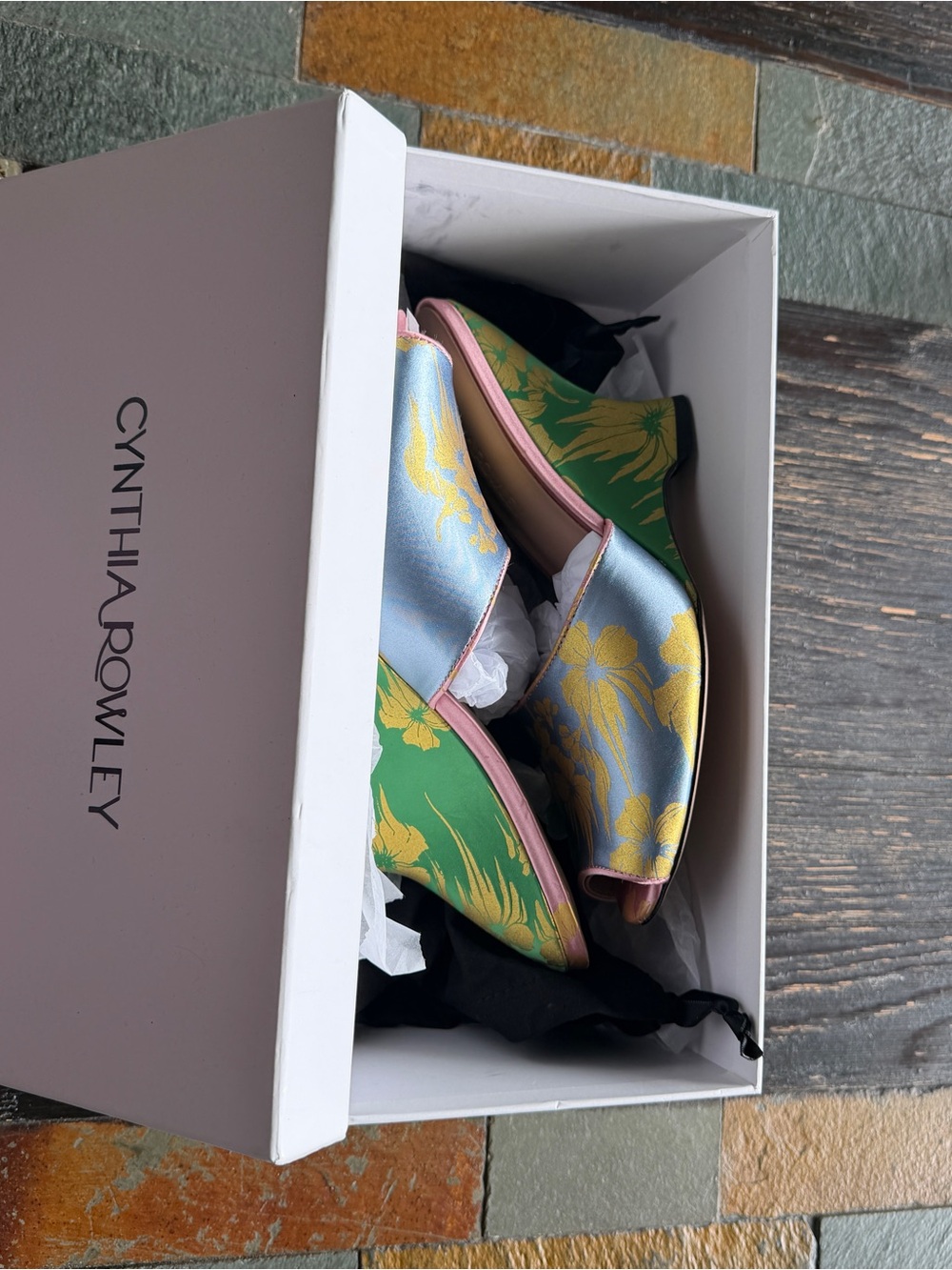 Cynthia Rowley Blue and Yellow Floral Satin Wedge Mules with Pink Trim - Picture 8 of 9